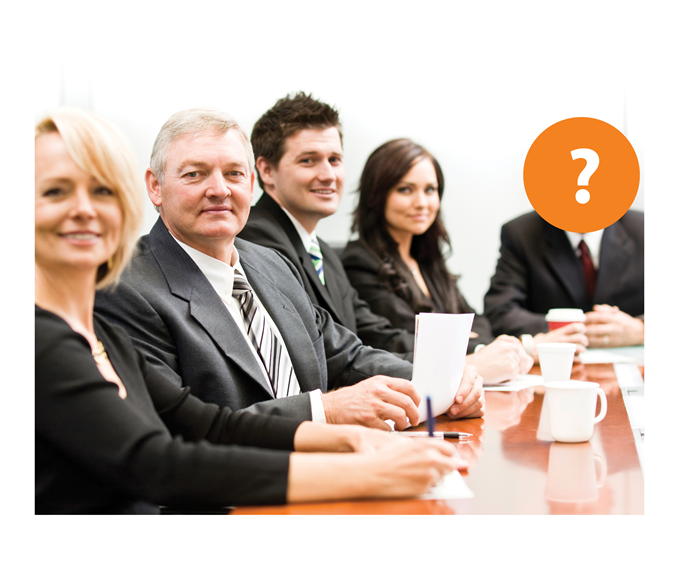 Board meeting with a question mark over someone's face