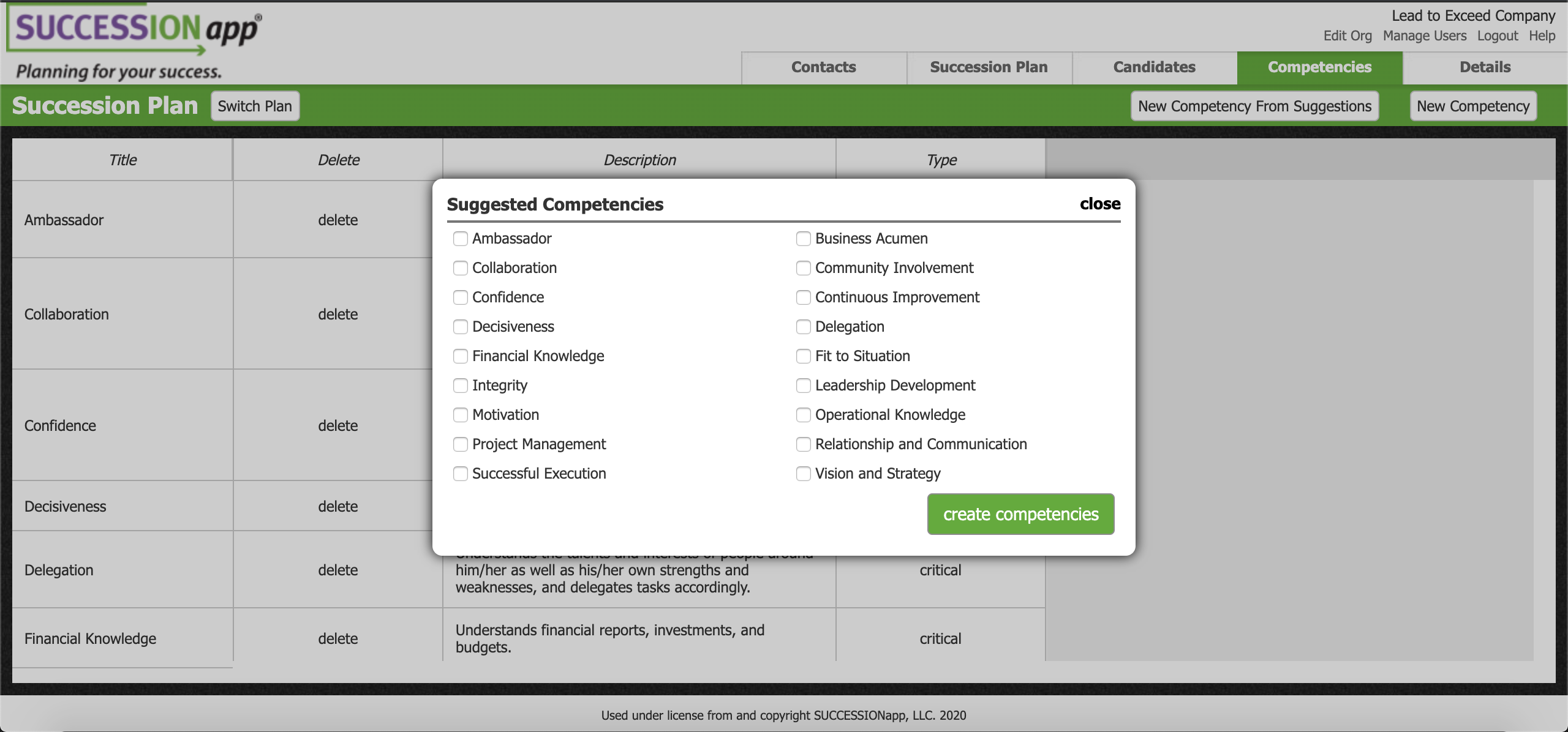 Screenshot of SUCCESSIONapp Software: You Choose the Competencies