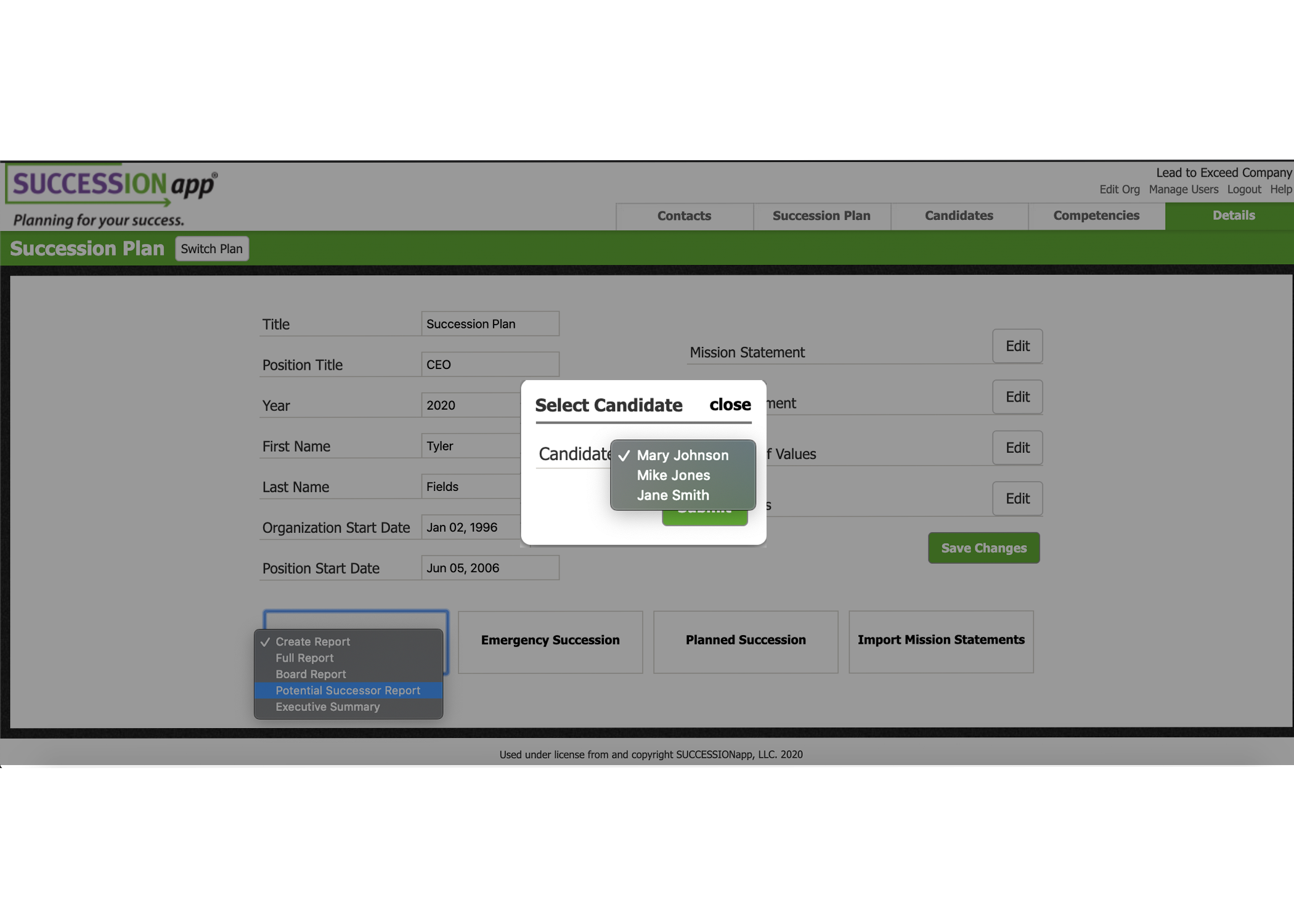 Screenshot of SUCCESSIONapp Software: Custom Reports provide clear communication