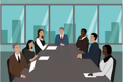 A cartoon of people sitting around a board table