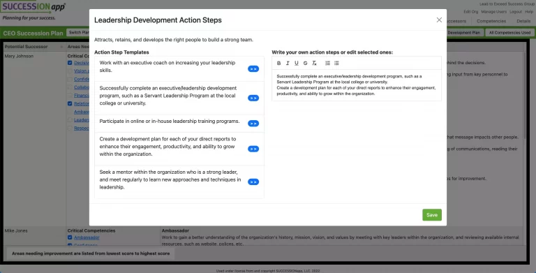 Use SUCCESSIONapp®'s library of action step templates or create your own action steps when creating development plans.