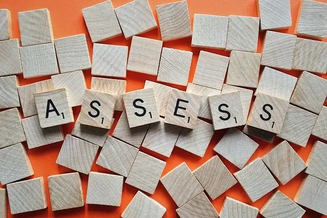 Scrabble tiles on an orange background so the tiles spell out Assess