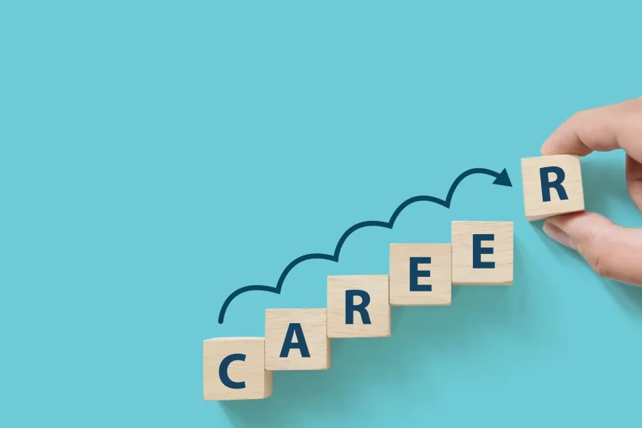 Letter tiles that spell out "Career" displayed in an ascending format symbolizing developing your potential leaders and growing their career.