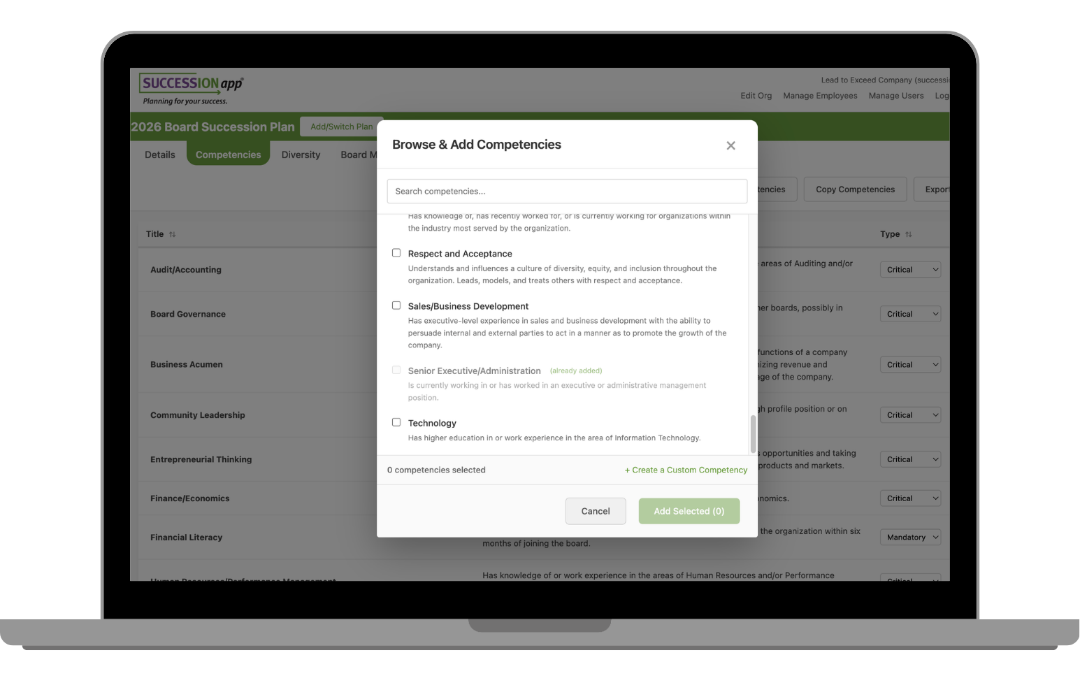Mockup of a computer with the Board module of SUCCESSIONapp® on the screen. It is showing the competency library.