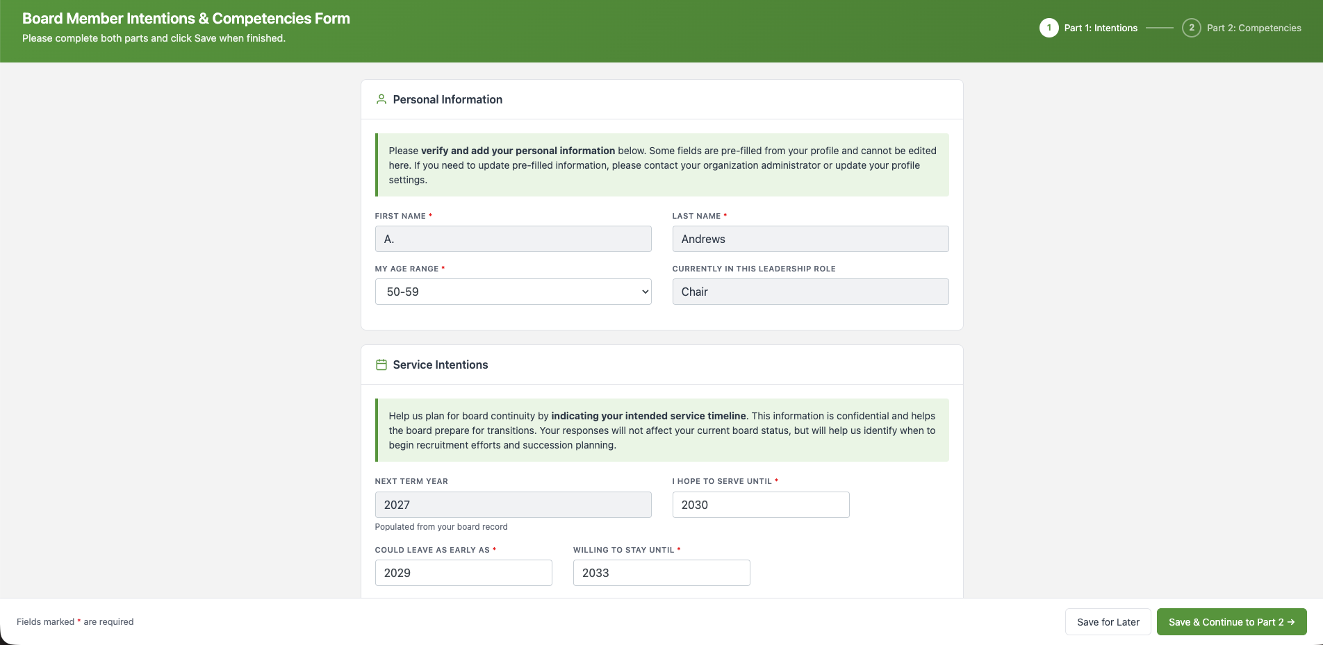 Screenshot of SUCCESSIONapp® Board Intentions Form 