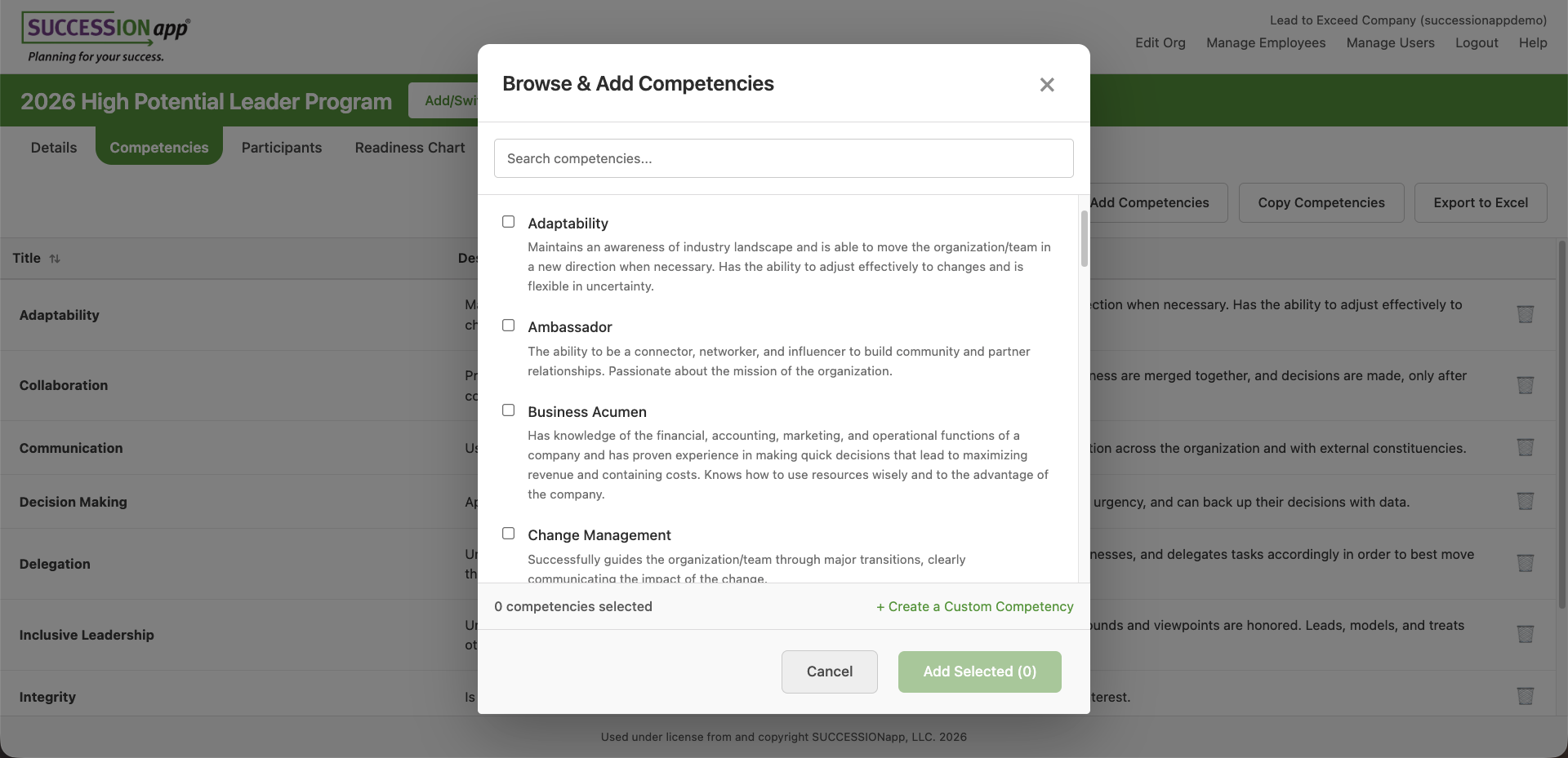 Screenshot showing the competencies tab in the high potential leader module of SUCCESSIONapp®