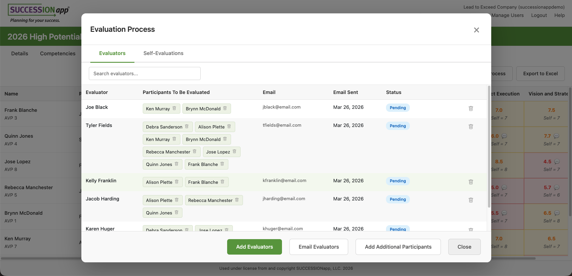 Screenshot showing the evaluation process for the High Potential Leader Module in SUCCESSIONapp®