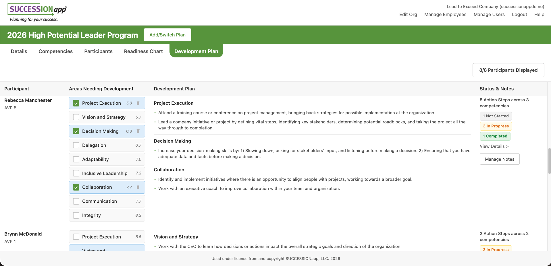 Screenshot showing the development plan in the high potential leader module of SUCCESSIONapp®
