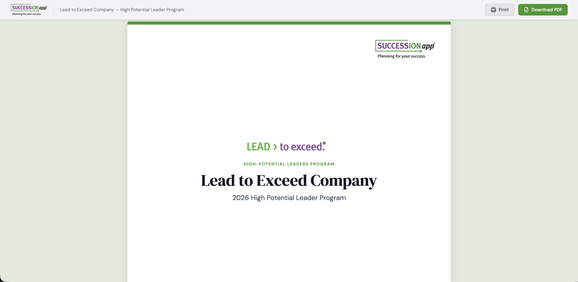 Screenshot showing the full report for the high potential leader module in SUCCESSIONapp®